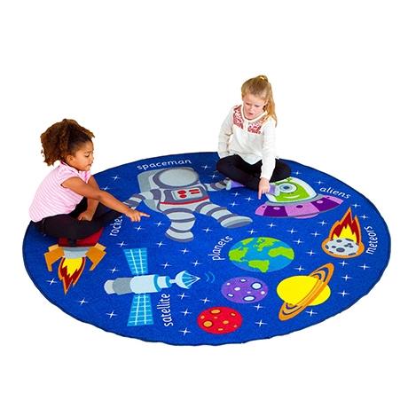 Colourful circular rug with a space design